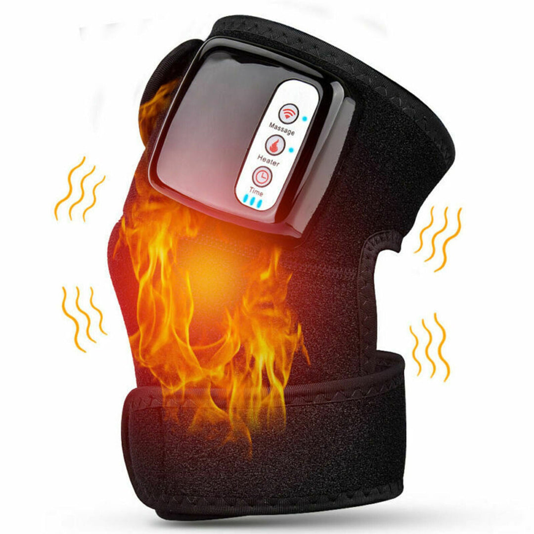 Rechargeable heated knee massager, black, combines heat and vibration for pain relief and improved blood circulation.