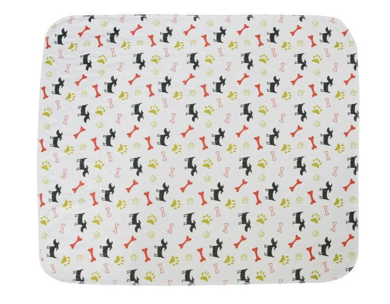 Reusable dog pee pad with paw and bone pattern, thick absorbent layer, eco-friendly, washable, ideal for pet use.