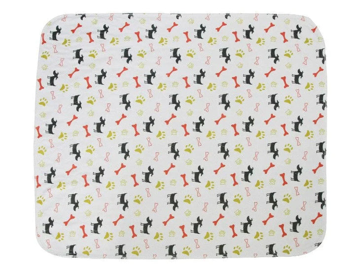 Reusable dog pee pad with paw and bone pattern, thick absorbent layer, eco-friendly, washable, ideal for pet use.