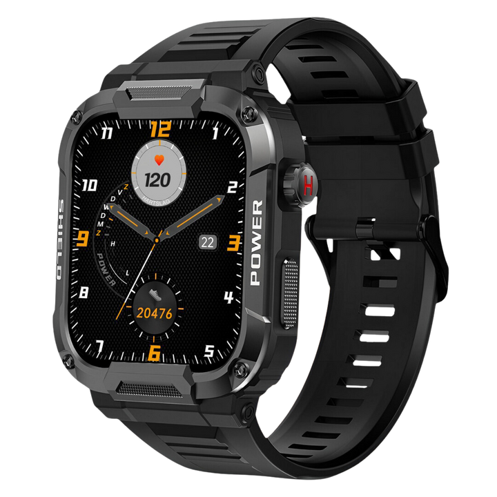 Rugged mens smartwatch, IP67 water-resistant, black, 1.85" screen, durable design for outdoor adventures.
