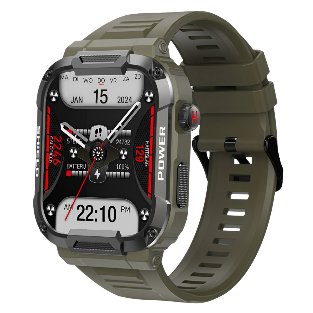 Rugged mens smartwatch, IP67 water-resistant, black, 1.85" screen, durable design for outdoor adventures.