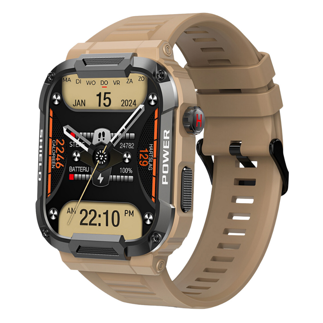 Rugged mens smartwatch, IP67 water-resistant, black, 1.85" screen, durable design for outdoor adventures.