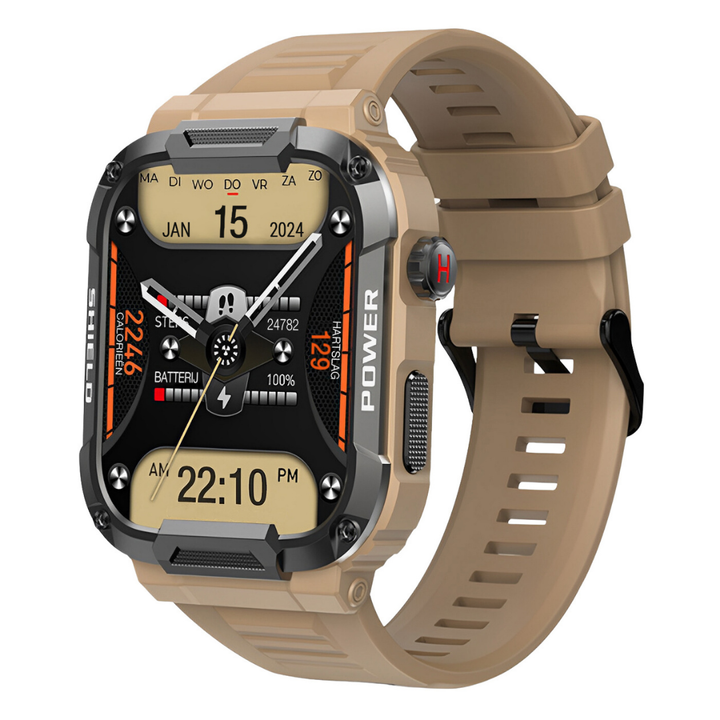 Rugged mens smartwatch, IP67 water-resistant, black, 1.85" screen, durable design for outdoor adventures.