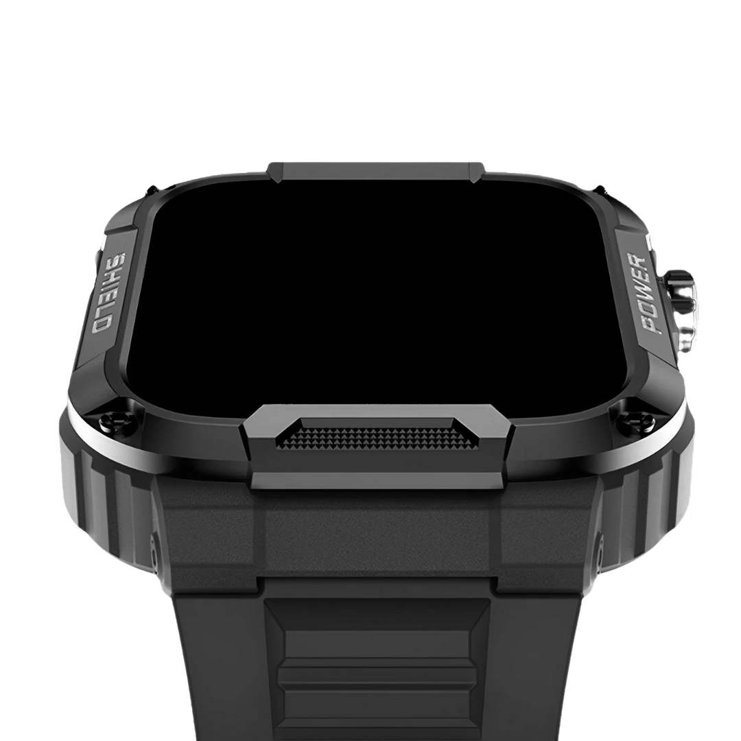 Rugged mens smartwatch, IP67 water-resistant, black, 1.85" screen, durable design for outdoor adventures.