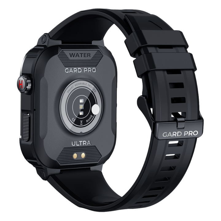 Rugged mens smartwatch, IP67 water-resistant, black, 1.85" screen, durable design for outdoor adventures.