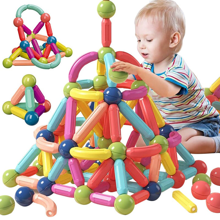 Set of colorful magnetic building blocks for kids, designed to create various shapes and encourage creative play.