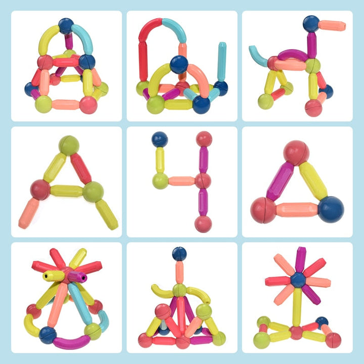 Set of colorful magnetic building blocks for kids, designed to create various shapes and encourage creative play.