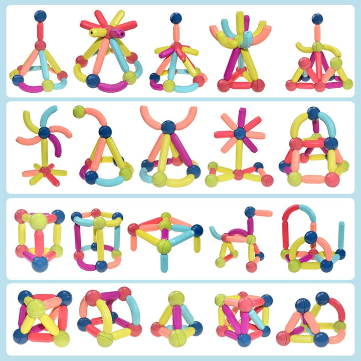 Set of colorful magnetic building blocks for kids, designed to create various shapes and encourage creative play.