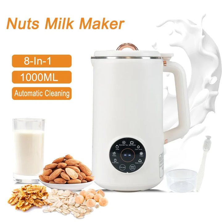 "Sleek NutriBlend 8-in-1 Milk Maker, 1000ml, crafting almond, oat, soy milk. Versatile kitchen appliance, modern design."