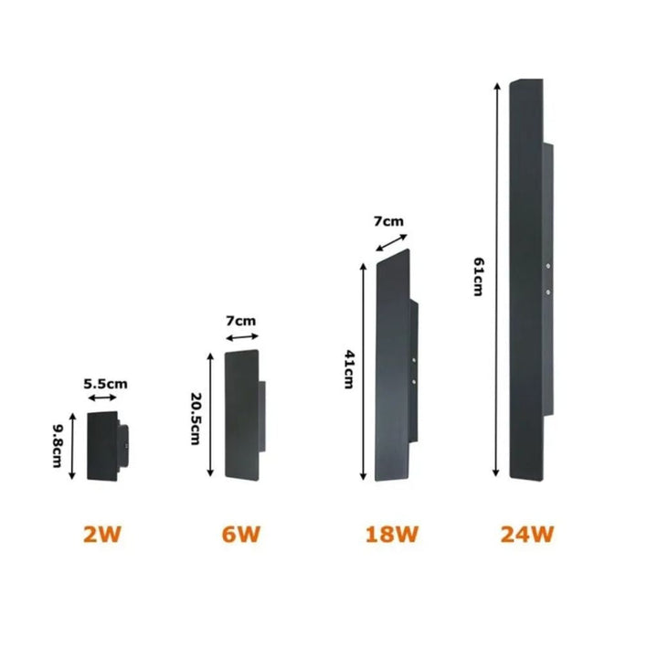 "Sleek black weatherproof LED wall light for outdoor use, featuring modern design and durable aluminum construction."