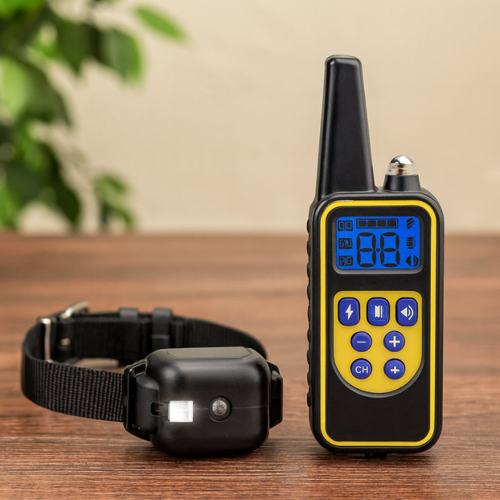 "Smart dog training collar with remote, sleek design, durable plastic, stainless steel, waterproof for outdoor use."