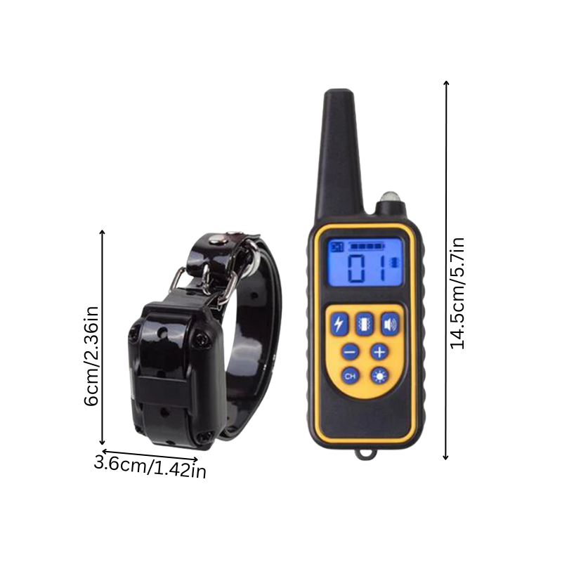 "Smart dog training collar with remote, sleek design, durable plastic, stainless steel, waterproof for outdoor use."