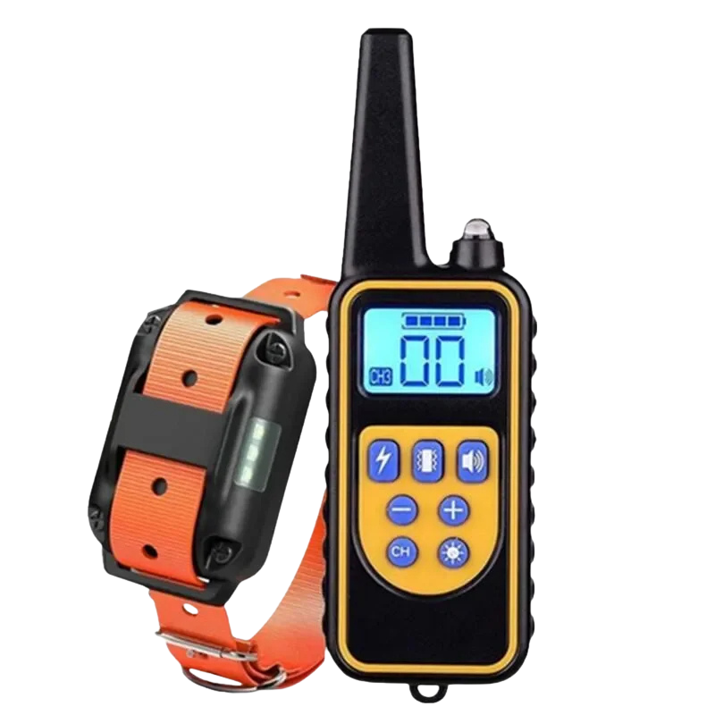 "Smart dog training collar with remote, sleek design, durable plastic, stainless steel, waterproof for outdoor use."