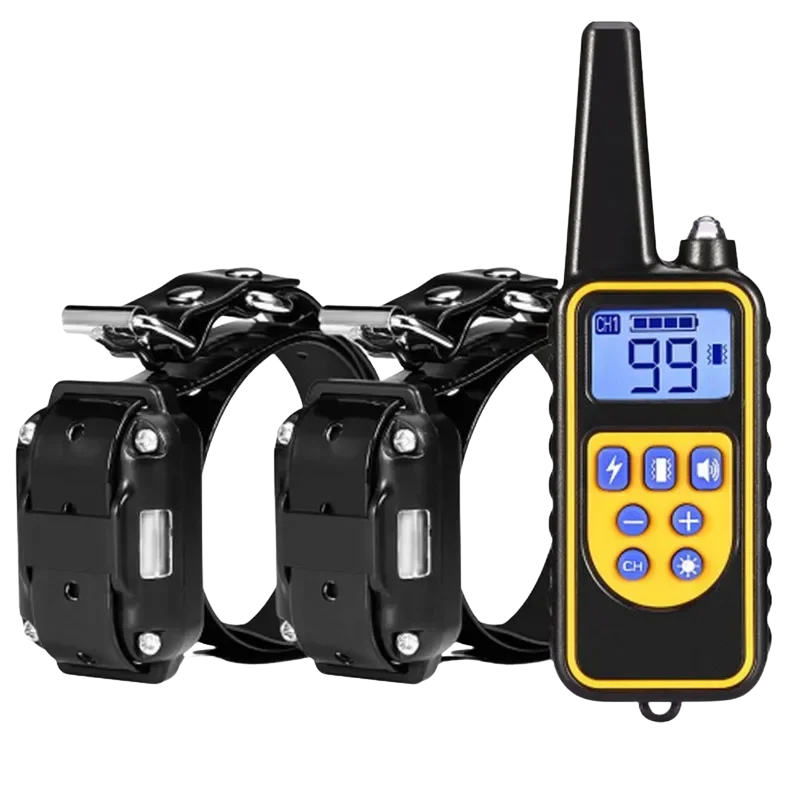 "Smart dog training collar with remote, sleek design, durable plastic, stainless steel, waterproof for outdoor use."