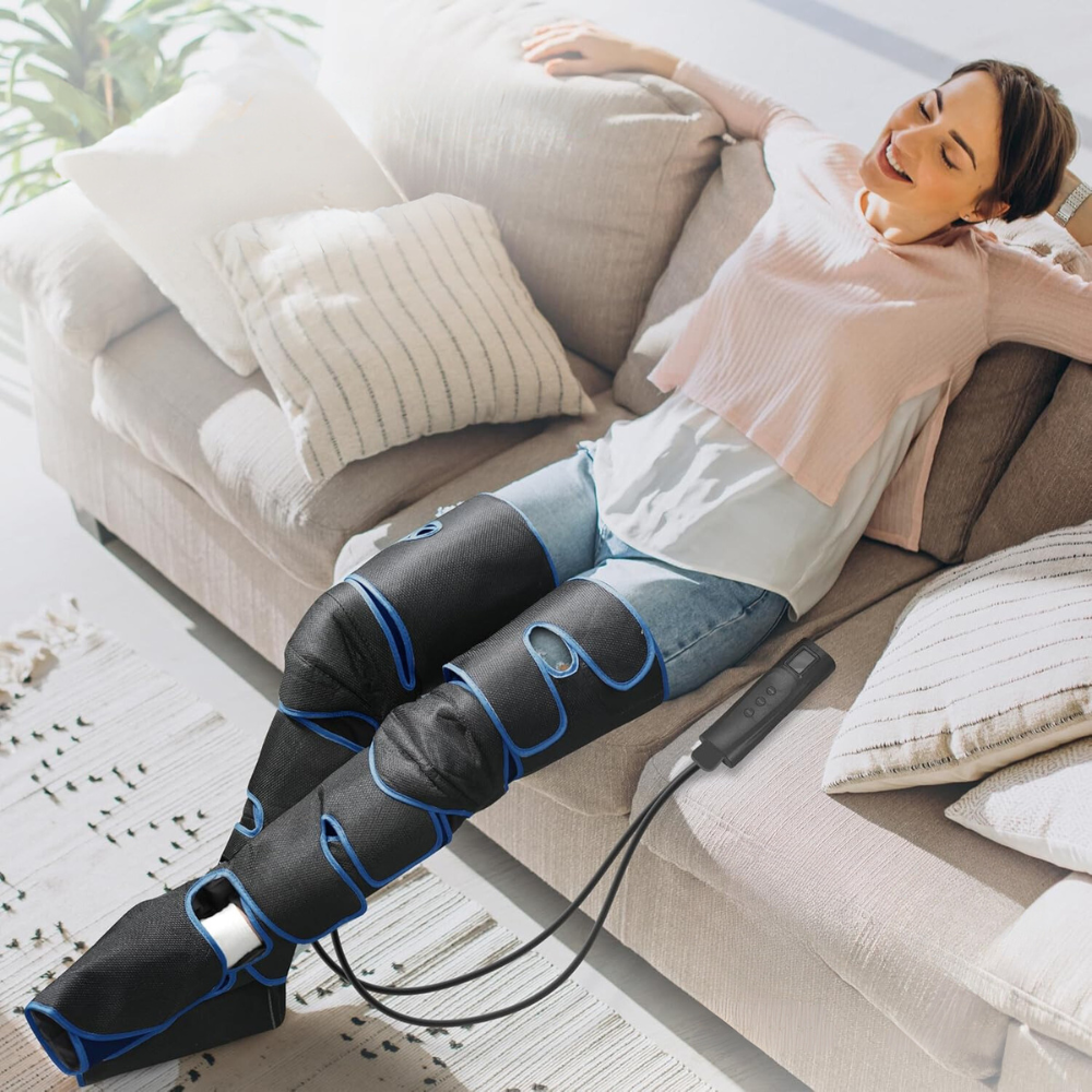 "Snug-fitting leg sleeves massager delivering soothing relaxation, adjustable for intensity, perfect for home or travel use."