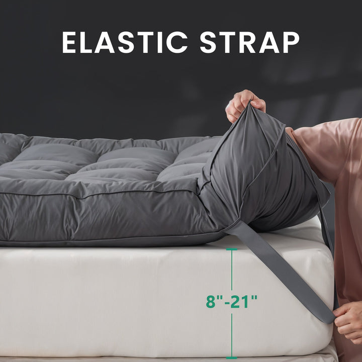 "Soft dacron fabric mattress topper on bed, enhances comfort with cooling tech, deep pockets for secure fit, ideal for sleep"