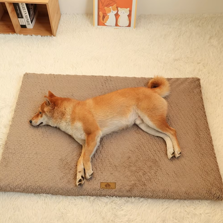"Soft fluffy orthopaedic pet mat, plush dog & cat bed, joint support, cozy for older pets, ideal for floor and crate use."