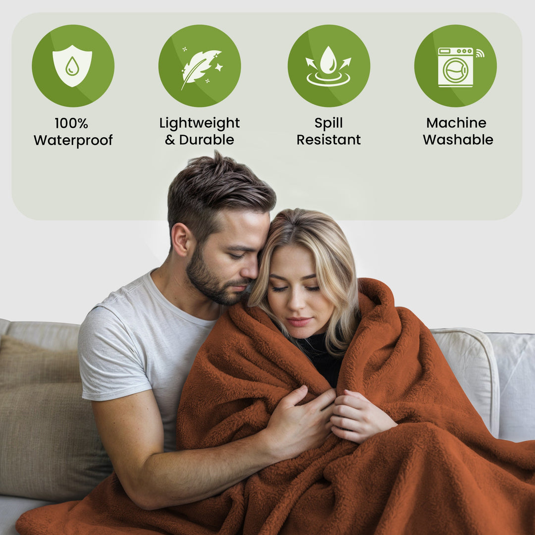 "Soft waterproof intimacy blanket providing comfort and protection, available in various sizes and attractive colors."