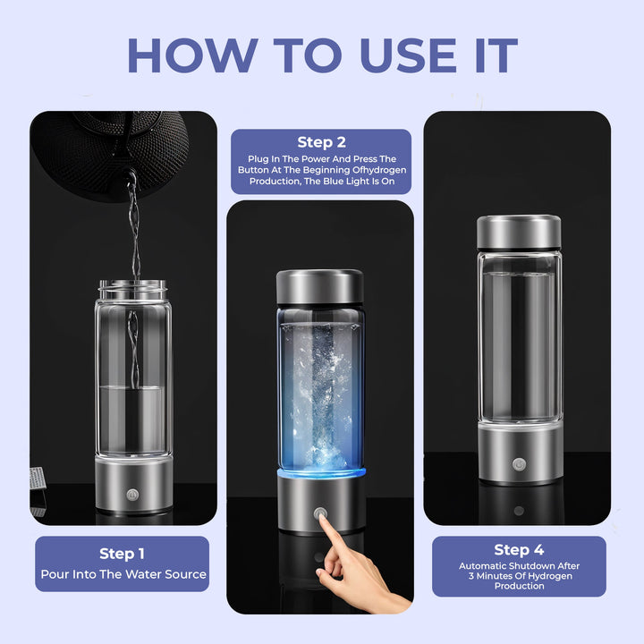 "Stainless steel hydrogen water ionizer bottle, enhances well-being, boosts energy, improves skin health, eco-friendly design