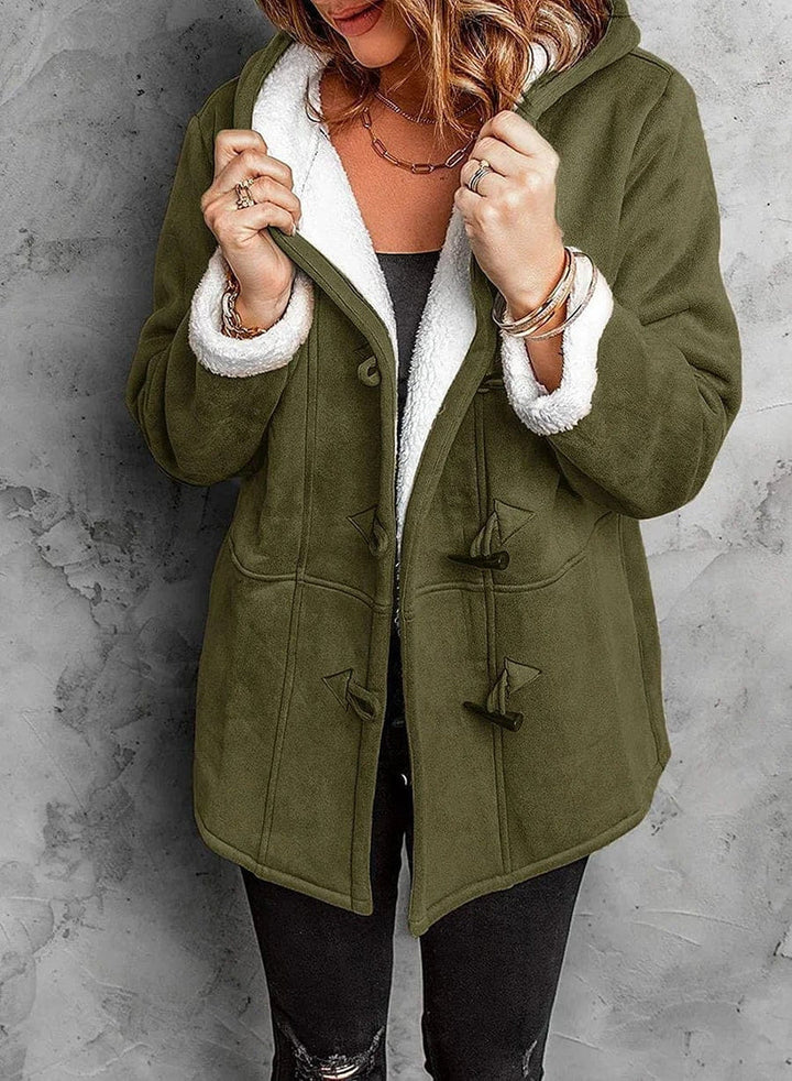 "Stylish women's fleece-lined hooded coat in various colors, ideal for warmth and casual elegance during cold months."