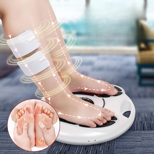 "TENS/EMS feet stimulator massager, sleek design, adjustable intensity, lightweight, promotes circulation and relaxation."