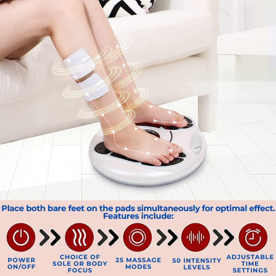 "TENS/EMS feet stimulator massager, sleek design, adjustable intensity, lightweight, promotes circulation and relaxation."