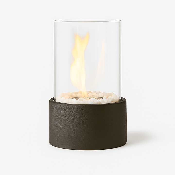 "Tabletop Portable Fire Pit with marble base, glass cylinder, sleek modern design, ideal for indoor and outdoor ambiance."