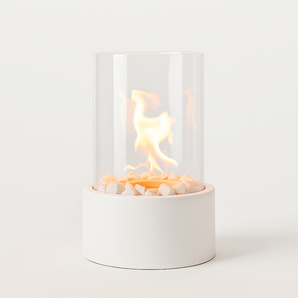 "Tabletop Portable Fire Pit with marble base, glass cylinder, sleek modern design, ideal for indoor and outdoor ambiance."
