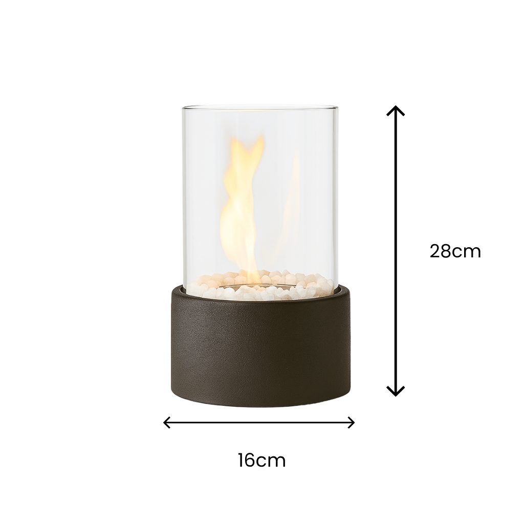 "Tabletop Portable Fire Pit with marble base, glass cylinder, sleek modern design, ideal for indoor and outdoor ambiance."