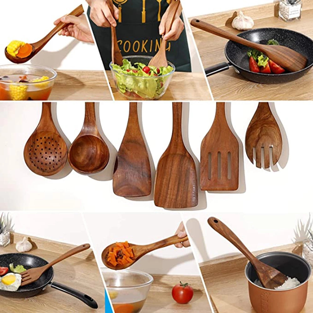 "Teak wood kitchen utensil set with non-scratch, polished finish; includes spoon, spatula, and colander, elegant design."