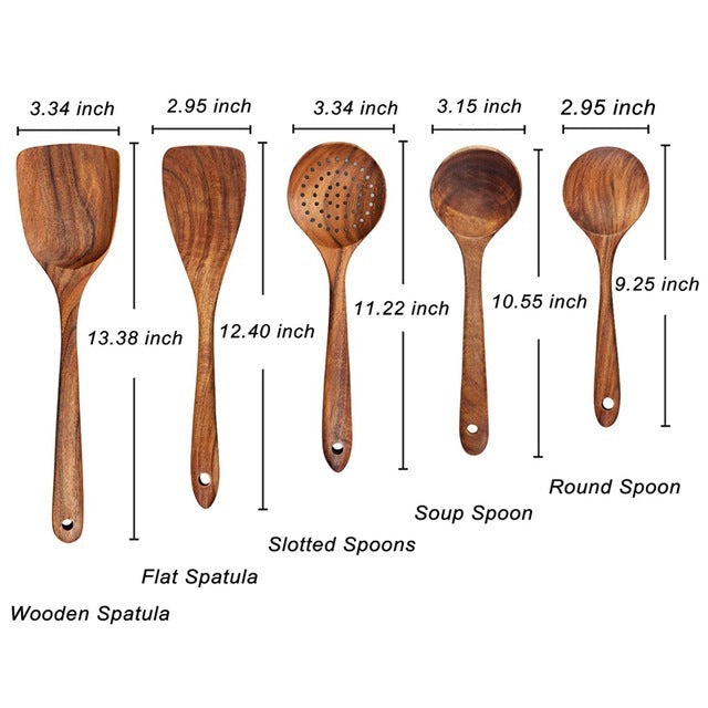 "Teak wood kitchen utensil set with non-scratch, polished finish; includes spoon, spatula, and colander, elegant design."