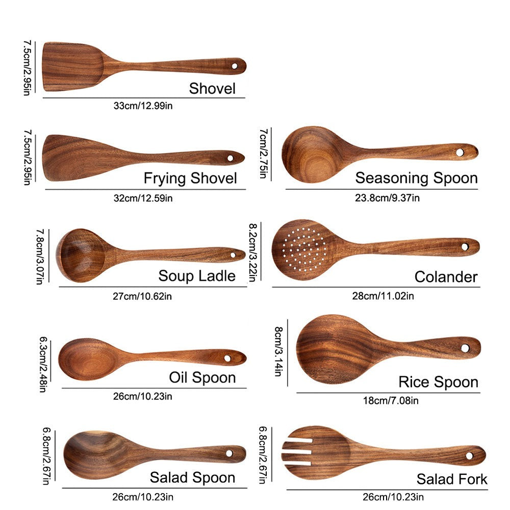 "Teak wood kitchen utensil set with non-scratch, polished finish; includes spoon, spatula, and colander, elegant design."