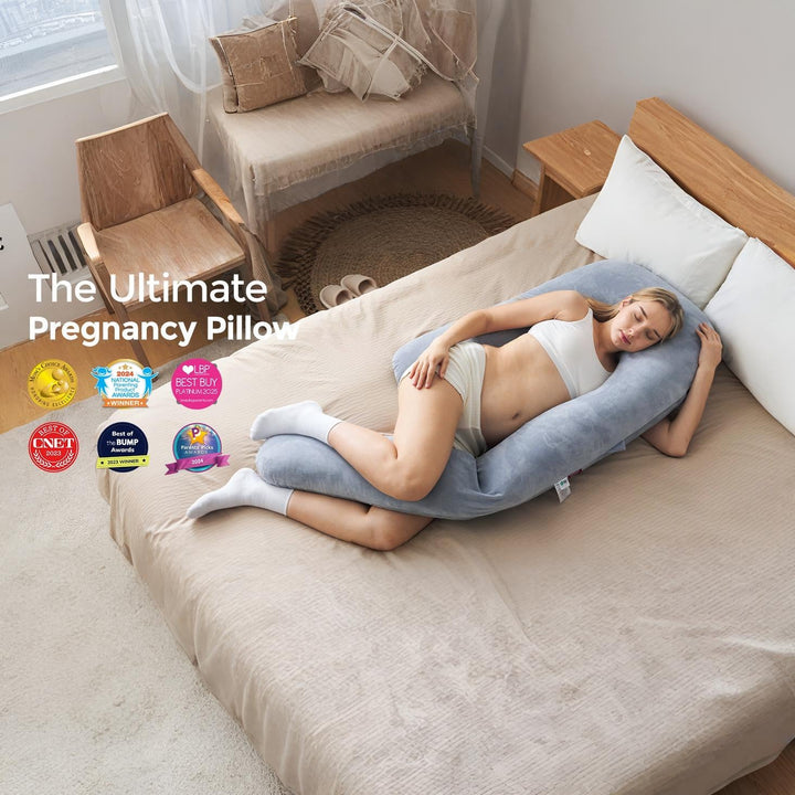 U-Shape pregnancy pillow for full body support in grey, offering ergonomic comfort for back, belly, legs, and hips.