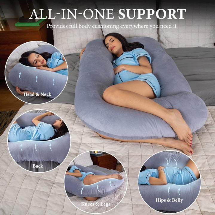 U-Shape pregnancy pillow for full body support in grey, offering ergonomic comfort for back, belly, legs, and hips.