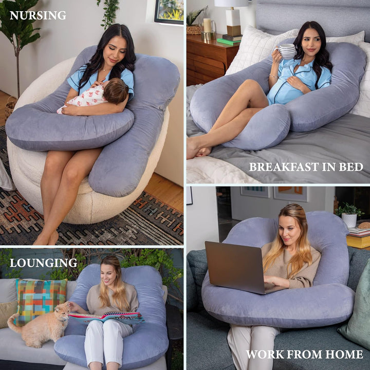 U-Shape pregnancy pillow for full body support in grey, offering ergonomic comfort for back, belly, legs, and hips.