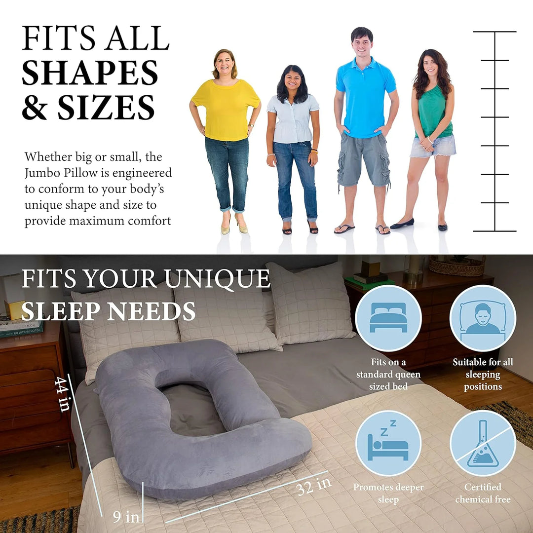 U-Shape pregnancy pillow for full body support in grey, offering ergonomic comfort for back, belly, legs, and hips.