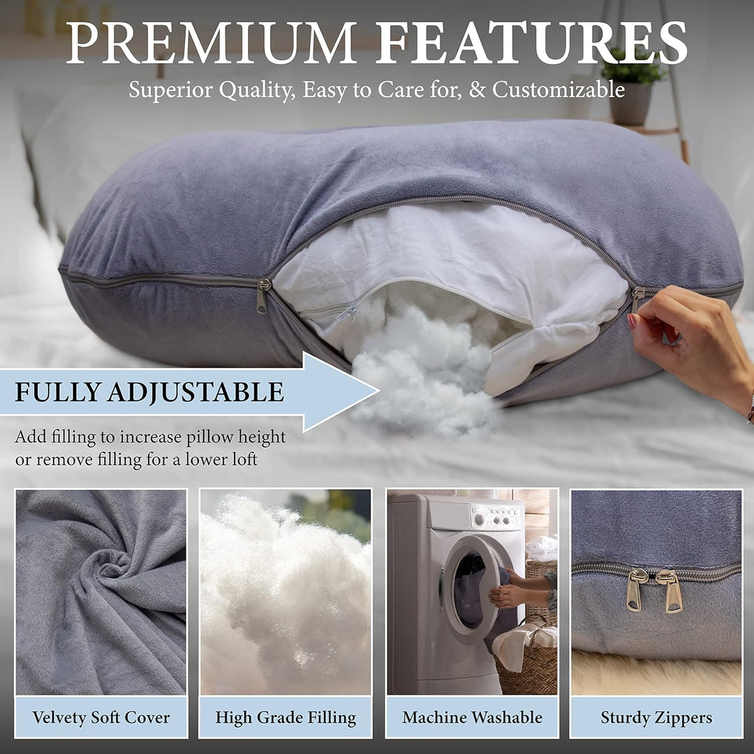 U-Shape pregnancy pillow for full body support in grey, offering ergonomic comfort for back, belly, legs, and hips.