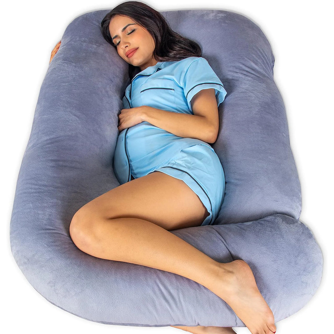 U-Shape pregnancy pillow for full body support in grey, offering ergonomic comfort for back, belly, legs, and hips.