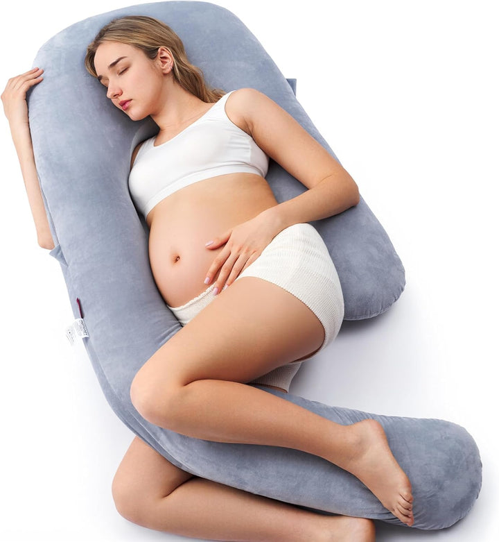 U-Shape pregnancy pillow for full body support in grey, offering ergonomic comfort for back, belly, legs, and hips.