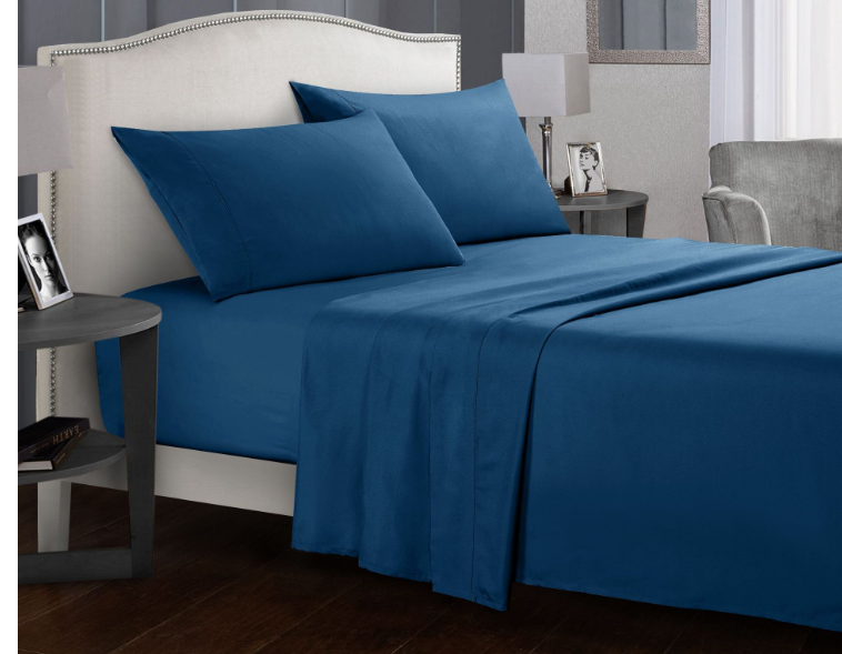 "Ultra soft antimicrobial microfiber bedding set in various colors, shown on a bed for all sizes in stylish bedroom decor."