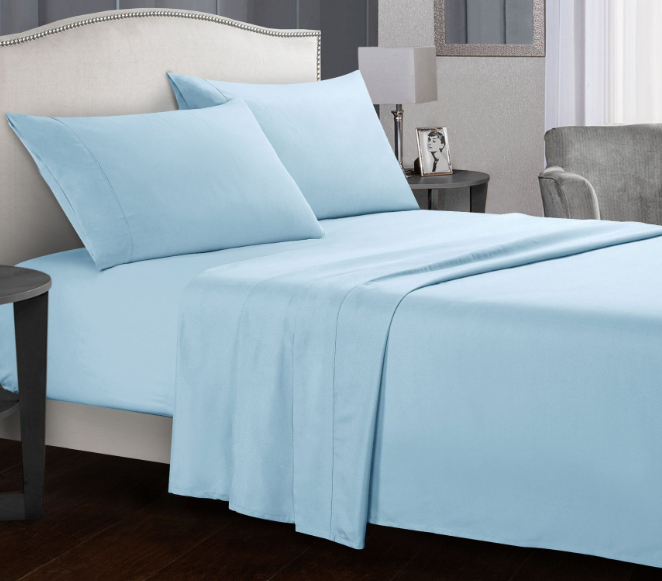 "Ultra soft antimicrobial microfiber bedding set in various colors, shown on a bed for all sizes in stylish bedroom decor."