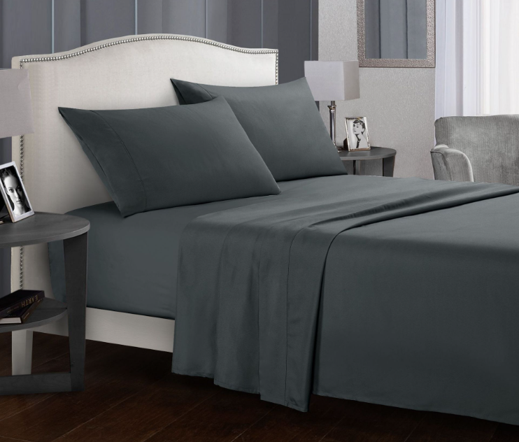 "Ultra soft antimicrobial microfiber bedding set in various colors, shown on a bed for all sizes in stylish bedroom decor."
