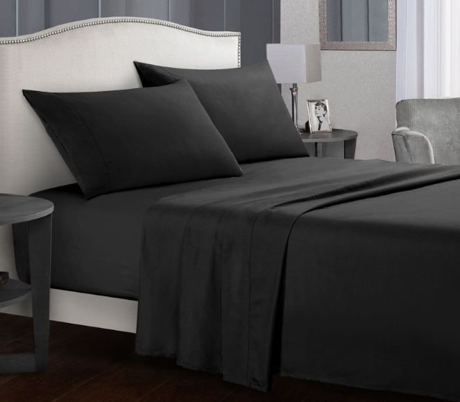 "Ultra soft antimicrobial microfiber bedding set in various colors, shown on a bed for all sizes in stylish bedroom decor."