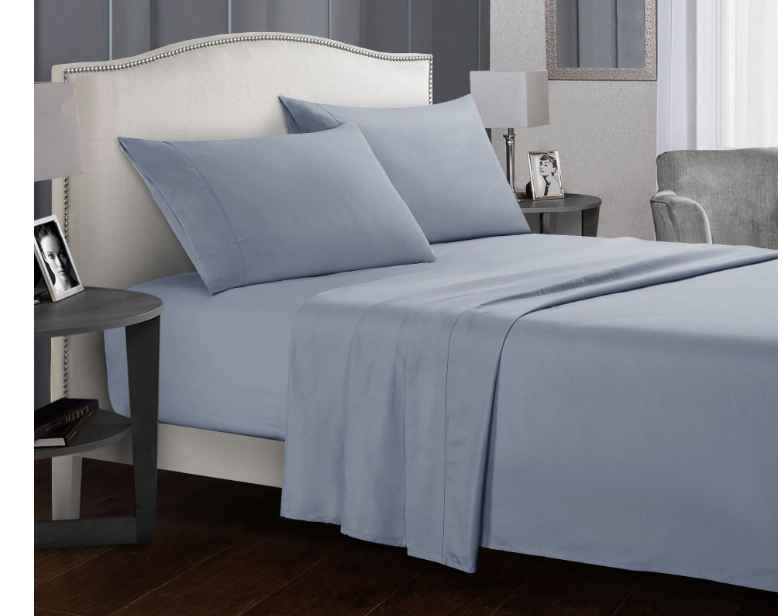 "Ultra soft antimicrobial microfiber bedding set in various colors, shown on a bed for all sizes in stylish bedroom decor."