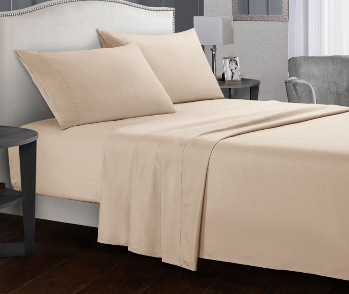 "Ultra soft antimicrobial microfiber bedding set in various colors, shown on a bed for all sizes in stylish bedroom decor."