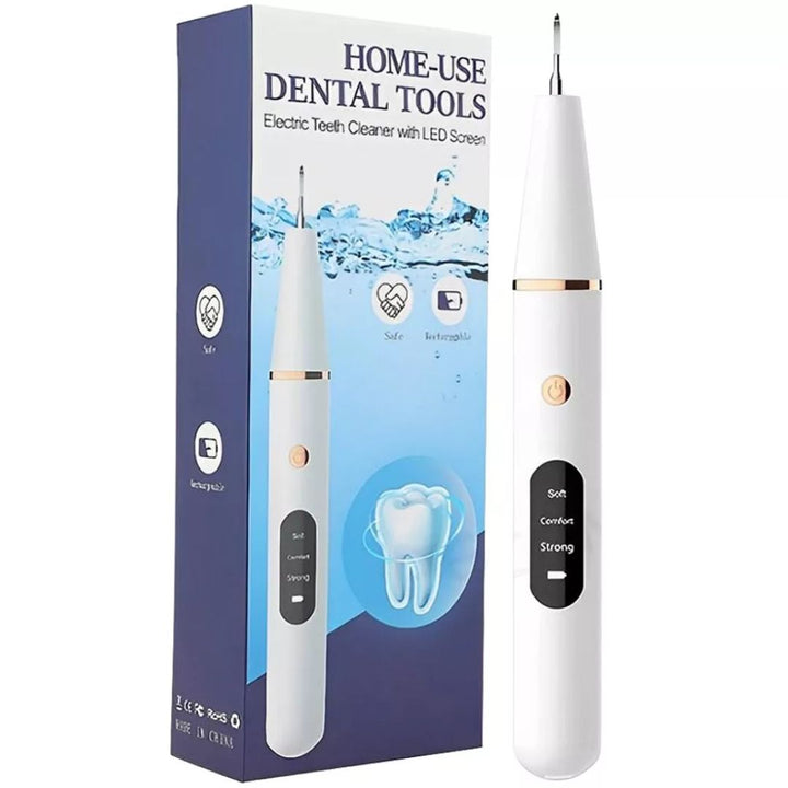 Ultrasonic dental cleaner device, blue, with removable tips for plaque removal, USB rechargeable, ensuring whiter teeth at ho