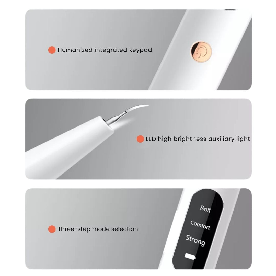 Ultrasonic dental cleaner device, blue, with removable tips for plaque removal, USB rechargeable, ensuring whiter teeth at ho