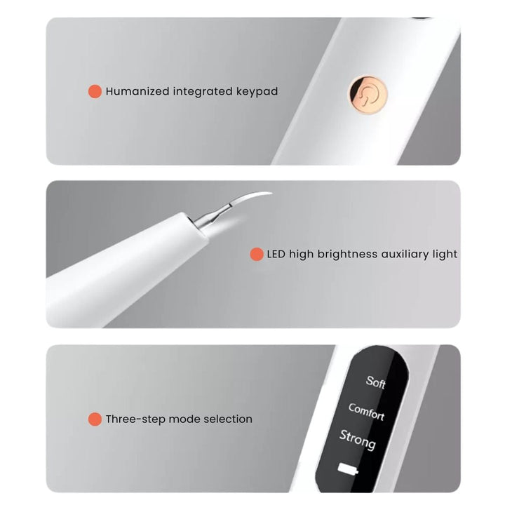 Ultrasonic dental cleaner device, blue, with removable tips for plaque removal, USB rechargeable, ensuring whiter teeth at ho