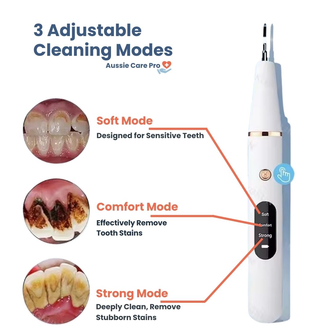 Ultrasonic dental cleaner device, blue, with removable tips for plaque removal, USB rechargeable, ensuring whiter teeth at ho