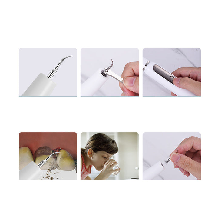 "Ultrasonic dental plaque remover with metal tips, ergonomic cordless design, USB rechargeable for effective tartar removal."